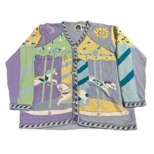 Vintage Storybook Knits Women’s Carousel Horses Pastel Cardigan Sweater Size 1X